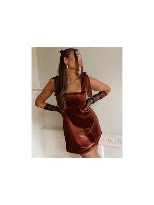 Женское бархатное мини-платье без рукавов с коричневым галстуком-бабочкой DANIELLE BERNSTEIN + расклешенное платье M