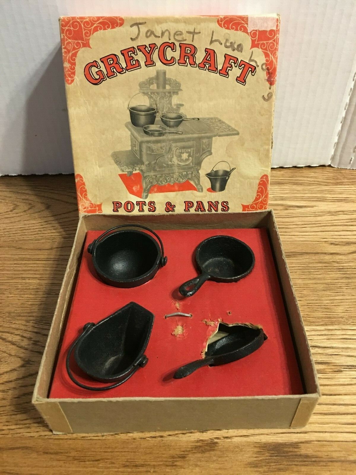 Vintage Greycraft Pots & Pans Set # U-120 Cast Iron Doll Size 4 Piece