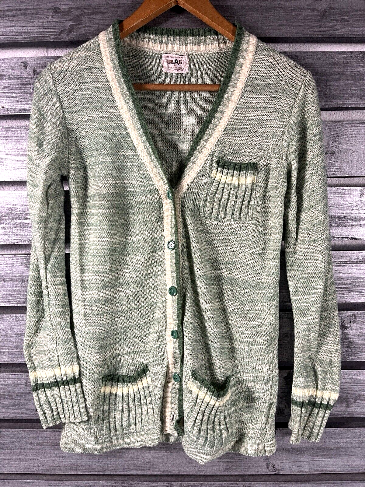 トップス 70s acrylic cardigan Vintage 70s Green Acrylic Cardigan Thin Sweater Womens Small