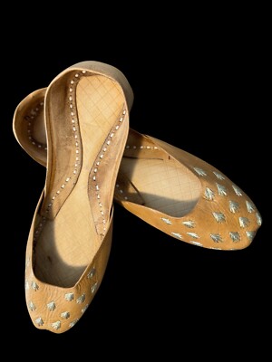 Pakistani Ethnic Traditional Women Khussa Flat Shoes With Gold Tilla Work US 8