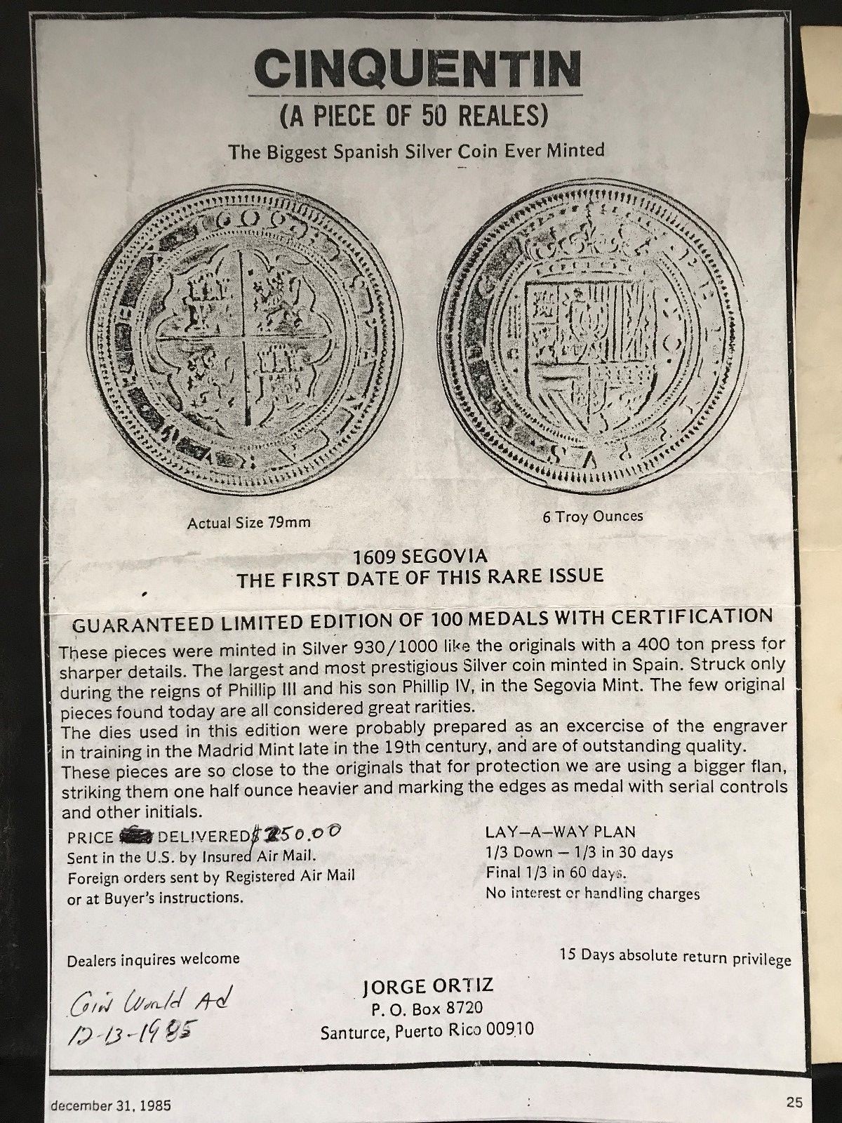 Puerto Rico 1985-88 Spain Cinquentines 50 Real, JOM & FAS varieties 11.7oz 2 ea