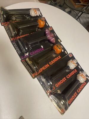 6 Vtg Blow Mold Drip CandleStick Lights 10.25  Pumpkin Bat Ghost Halloween NOS