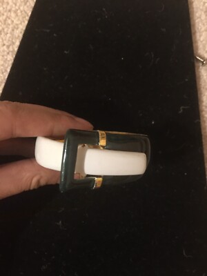 OPEN HINDGED BANGLE ENAMAL Blue Teal White BRACELET!!  GOLD TONE