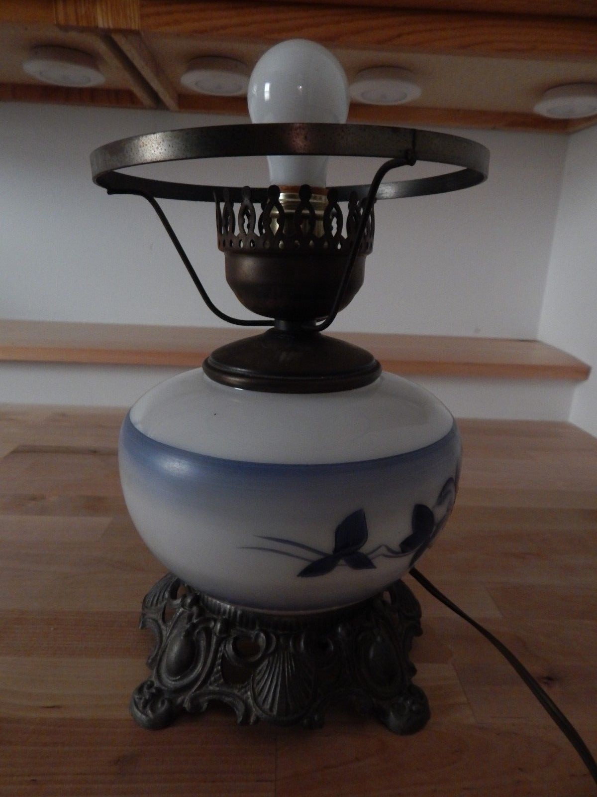 Hurricane Lamp Base Hand-Painted 3-Way Vintage Milk Glass Gone with the wind