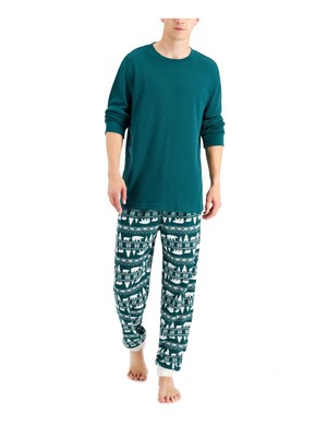 

FAMILY PJs Mens Bear Fair Isle Зеленая футболка Топ Брюки с манжетами Пижама, Зеленый