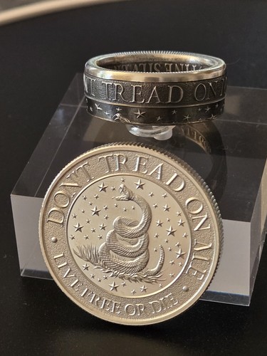 Dont Tread on Me Coin Ring .999 Silver Live Free Or Die You Pick Size 8-13