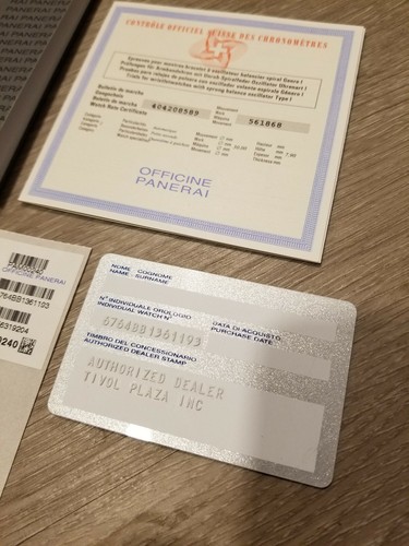 Officine Panerai International Guarantee COSC Certification Warranty Card Tags