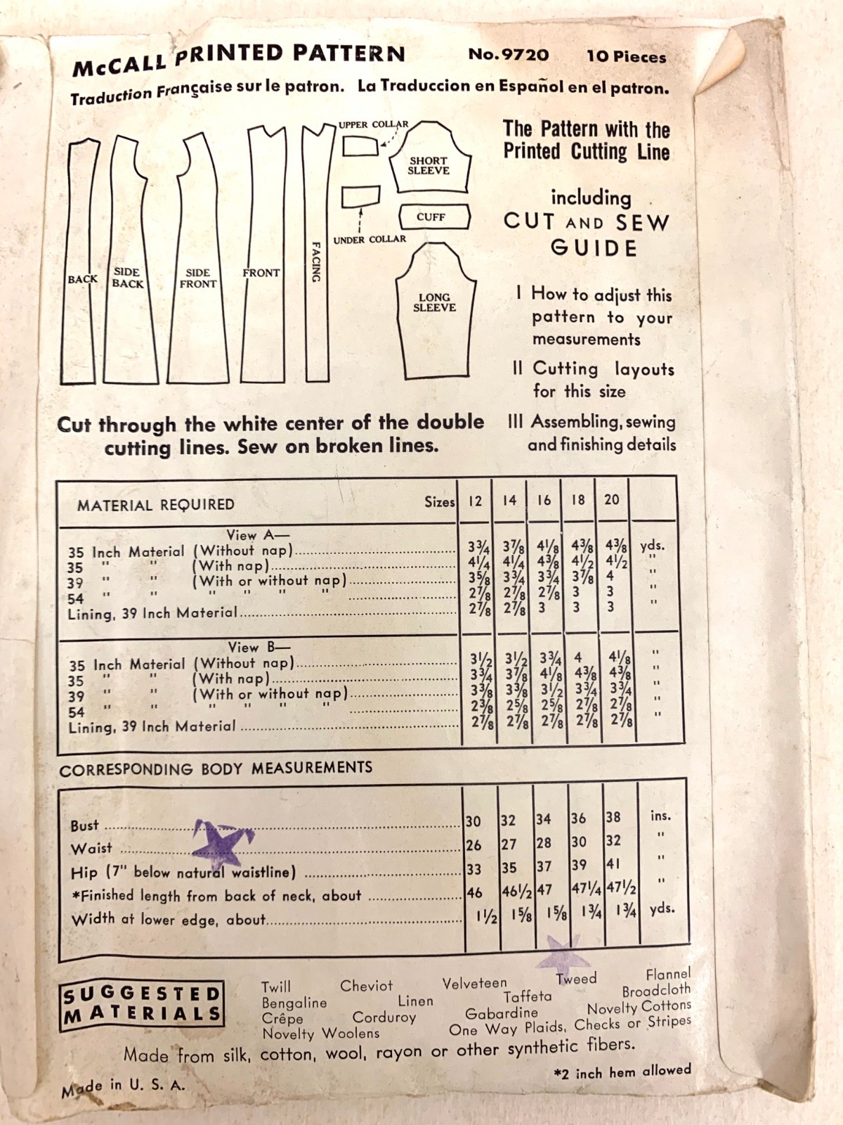 Sewing Pattern McCall #9720 Size 18 Misses Coat No Instructions 1930s 1938