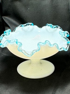 Fenton Aqua Quest light Blue Ruffle milk  Glass 6'' antique #7228 Compote  bowl