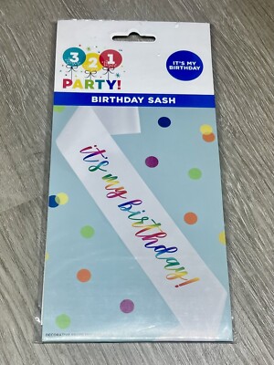 White Sash with polygraphic rainbow colored letters 'It's My Birthday''