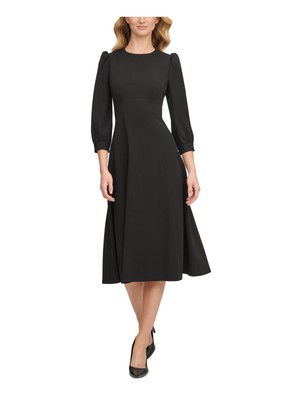 CALVIN KLEIN Womens Black 3/4 Sleeve Midi Wear To Work Fit + Flare Dress 2