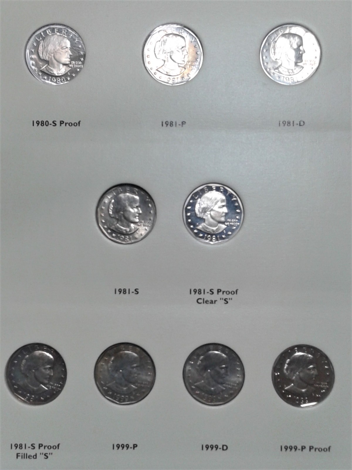 Susan B.Anthony Dollars Complete Set in a Littleton Album 18 coins 1979-1999 BU.