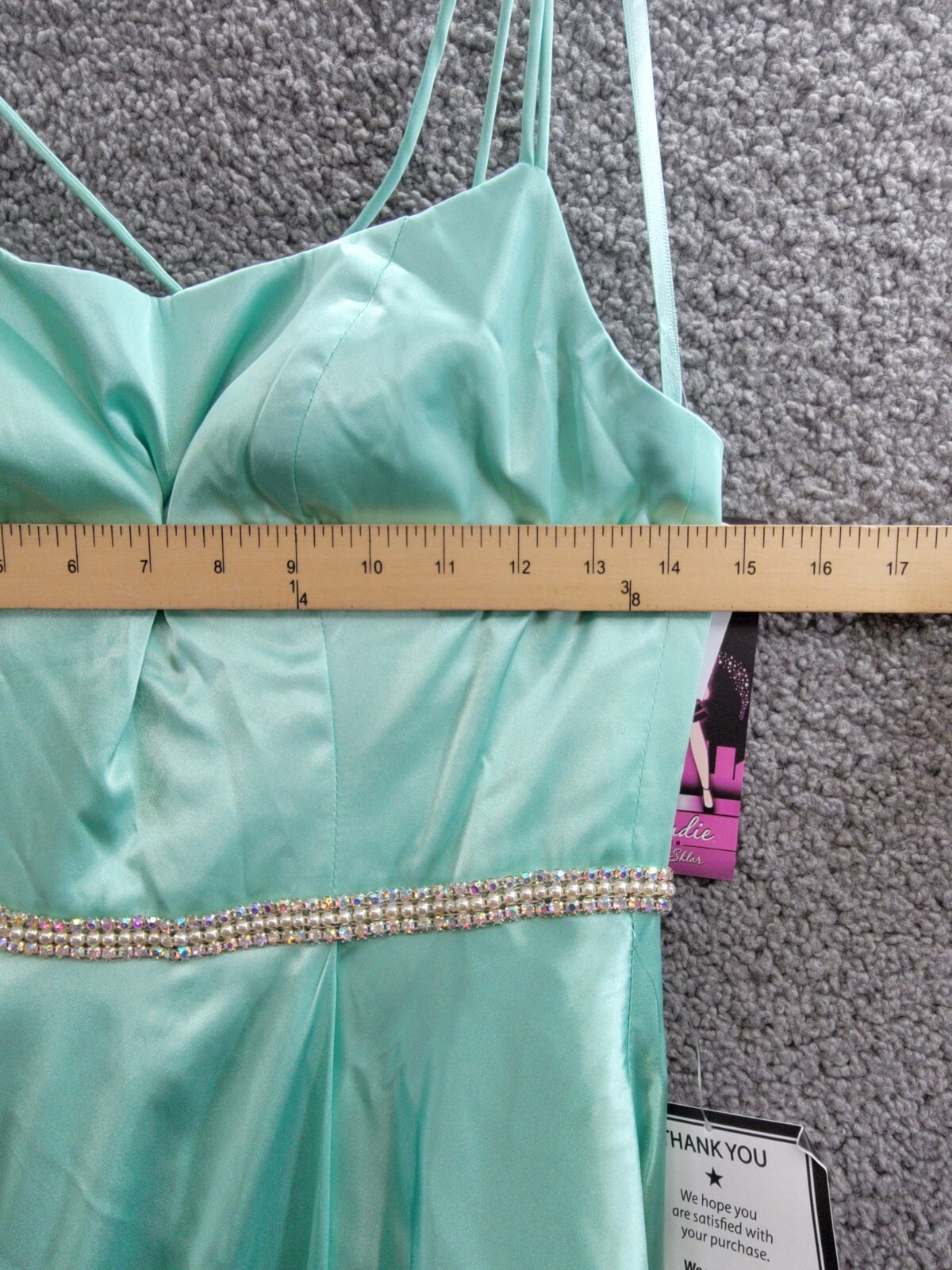 Blondie Nites Satin Double Spaghetti Strap Crystal Belt Dress Juniors' 5 Mint - Picture 5 of 15