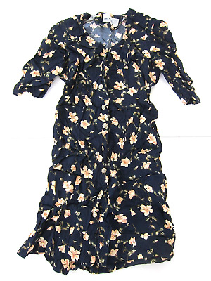 Vtg Caroline Wells II 100% Rayon Blue Pink Button Down Short Sleeve Dress Large