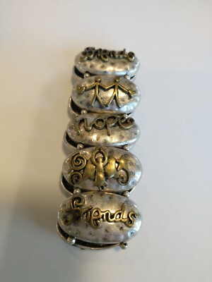 Bracelet Silvertone Goldtone Friends Love Hope Peace Hearts Dove 7'' Stretchy
