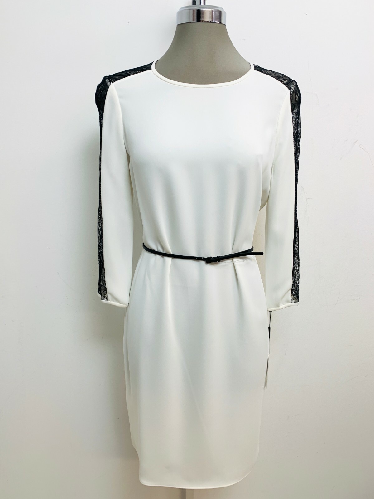 

Calvin Klein NWT КРЕМ/ЧЕРНЫЙ Кружевная иллюзия Рукава 3/4 с шифоновым поясом, размер 8,12, Cream