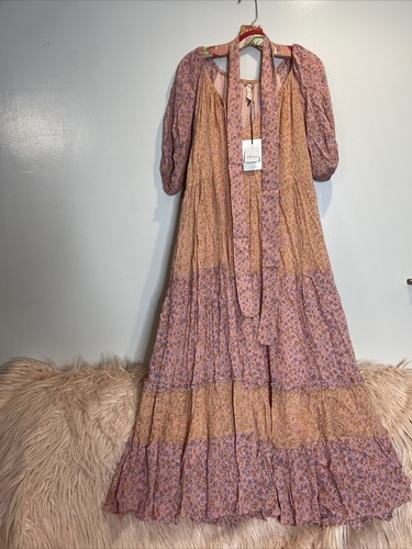 Pre-owned Free People X Spell & The Gypsy Collective Free People Spell Rae Gown Puff Sleeve Printed Tiered Maxi Dress M In Pink