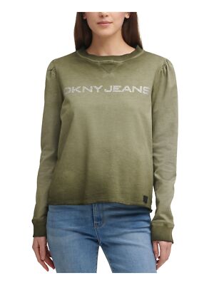 

DKNY JEANS Женский зеленый свитшот с круглым вырезом и длинными рукавами с потертостями и пышными плечами