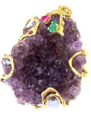 Gorgeous 18k amethyst Geode emerald ruby huge pendant brooch/pin modern freeform