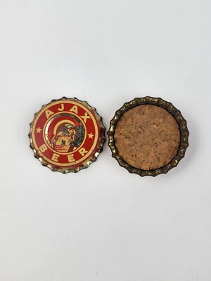 Pair (2) of Vintage Ajax Beer bottle cap cork back Grade A