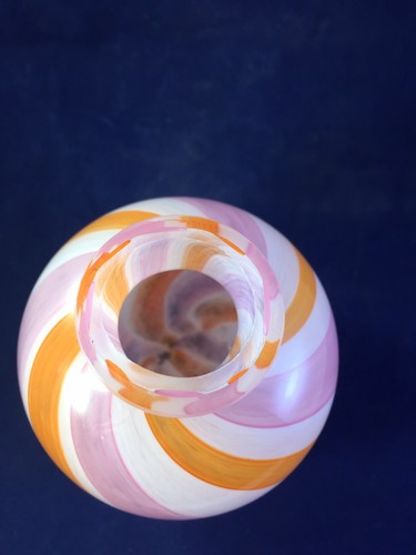 Art Glass Vase -hand blown- Pink/White/Orange Swirl Pattern.  4 1/4 