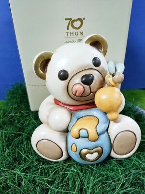 Orso Teddy Oliver THUN Con Tulipano - Soprammobile In Ceramica Dipinto A Mano - 14,3 Cm