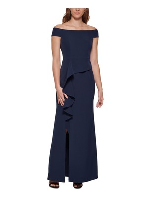 VINCE CAMUTO Womens Navy Draped Front Lined Short Sleeve Formal Gown Dress 14
