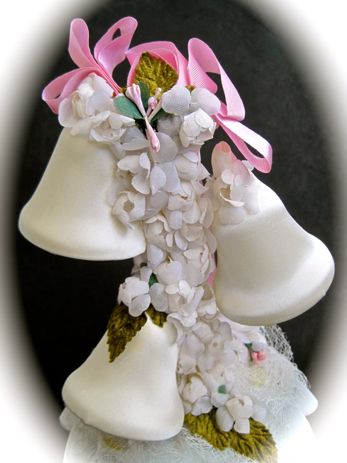 Vintage Wedding Cake Topper White Satin Bells Flowers Pink Ribbon