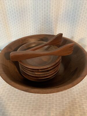 Vtg Native Wood Genuine Ozark Grown Black Walnut Salad Bowl 6 Serving Bowl Tongs