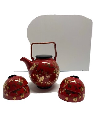 Expo 2010 Shanghai China Tea Set 4 Red and Gold Cups and Teapot 