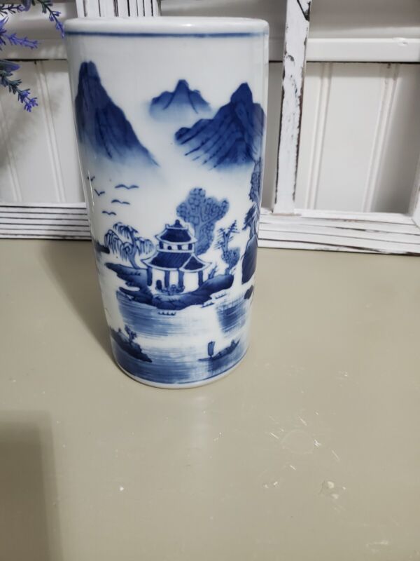 Antique Chinese Blue And White Handpainted  Brush Pot