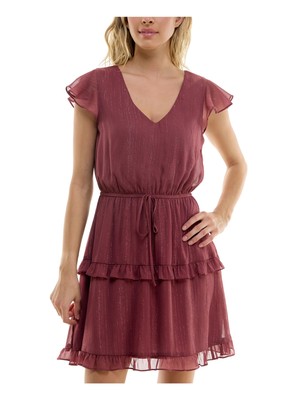 BCX DRESS Womens Pink Tie Lined Flutter Sleeve Short Fit + Flare Dress Juniors M