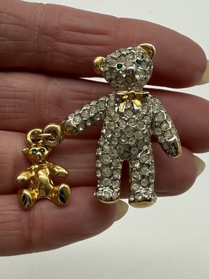 Vintage Carolee Rhinestone Enamel Teddy Bear Pin Brooch Holding Teddy Bear