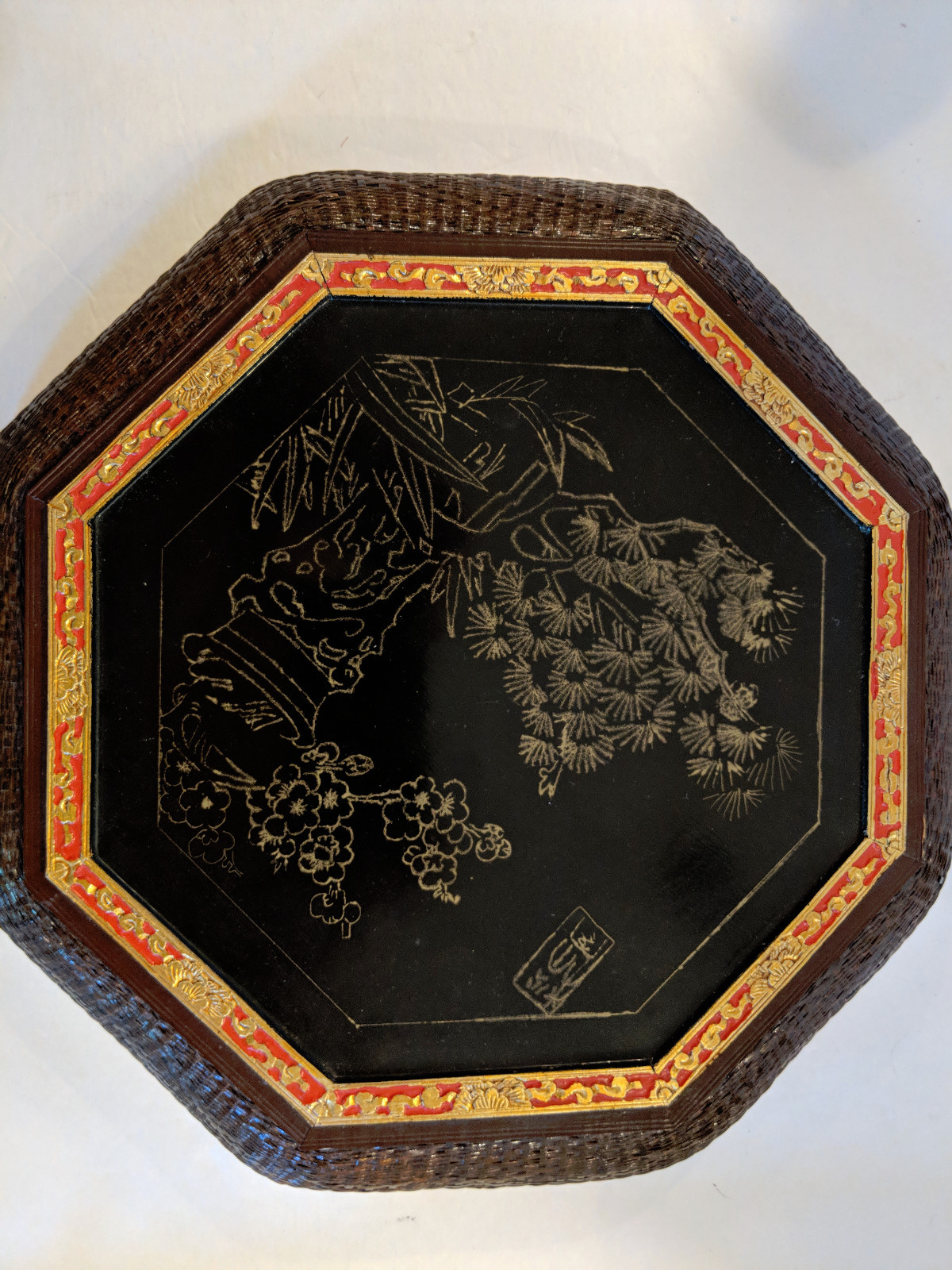 Vintage Maitland Smith Octagonal Wood and Wicker Asian Wedding/Dowry Box