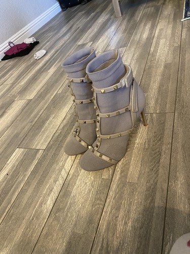 Valentino Gray Leather Gold Rockstud Harness Booties  Sock Size 38 $1375 Retail!