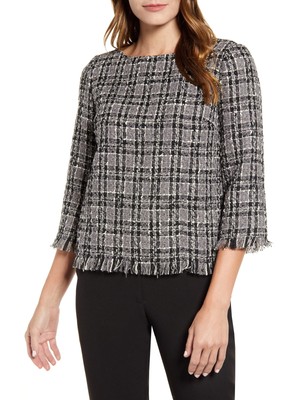 Женский серый твидовый топ в клетку ANNE KLEIN с рукавом 3/4 и драгоценным вырезом Размер: L