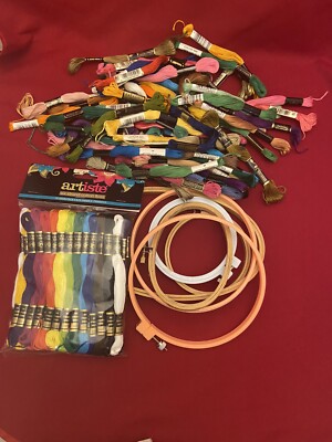 Large Lot Of Embroidery Floss & 6 Hoops Brand New