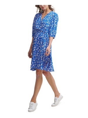 

CALVIN KLEIN Womens Blue Tie с рукавом 3/4 Faux Wrap Dress Petites, Синий