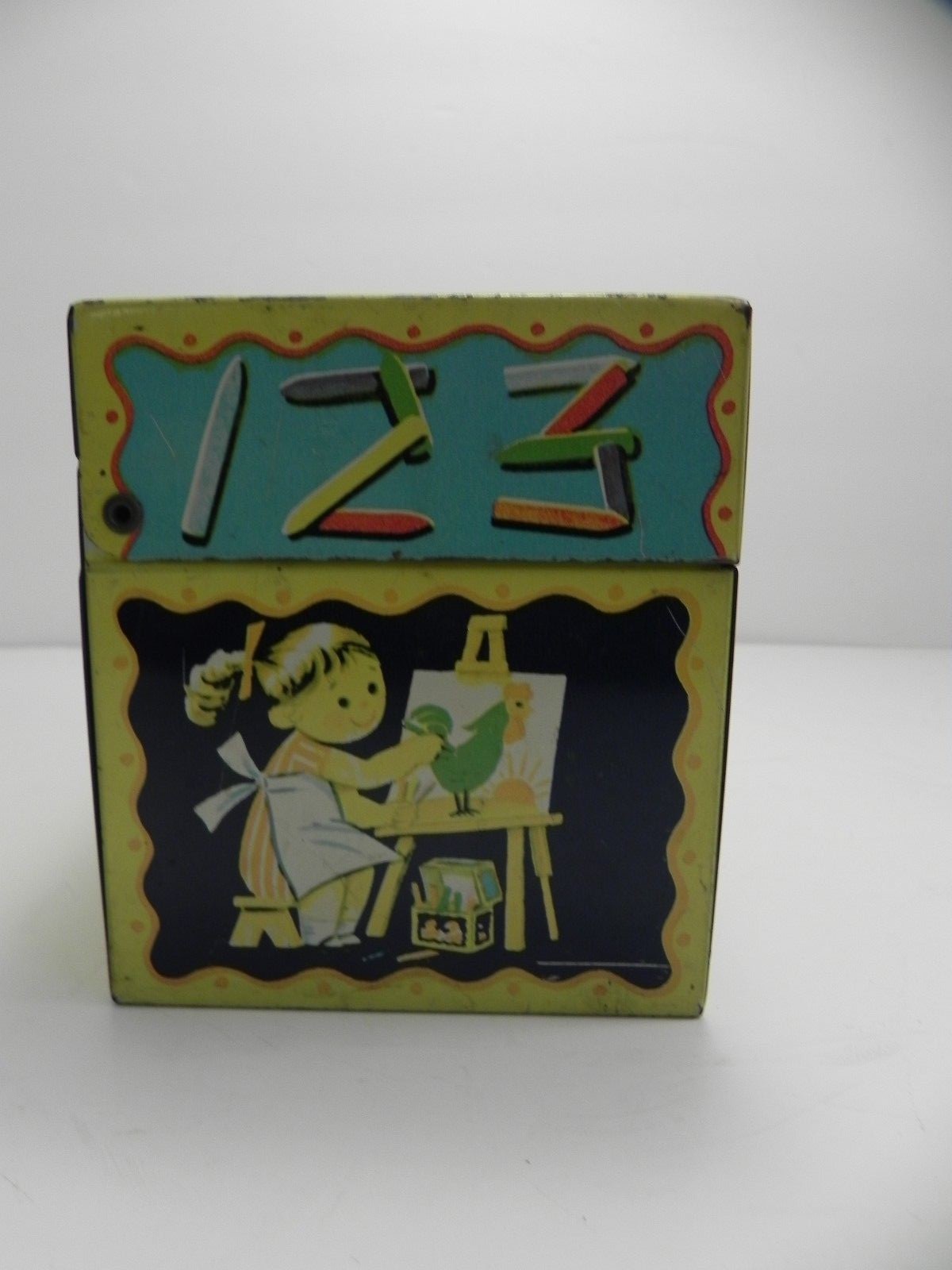 Vintage J. CHEIN & CO. Colorful Toy CRAYONS Tall Tin Box 4 1/2