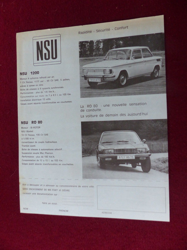 Catalogue Prospectus Automobiles  : Nsu 1200  Ro80  Ivs  Ivl  1000  Tt  Tts