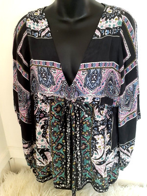 Alice & Trixie Womens Med Silk Peasant Top Long Flare Sleeves Black/Multicolor