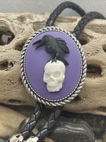 PURPLE BLACK Gothic Wedding Biker Western Southwest Raven Crow Skull Bolo tie