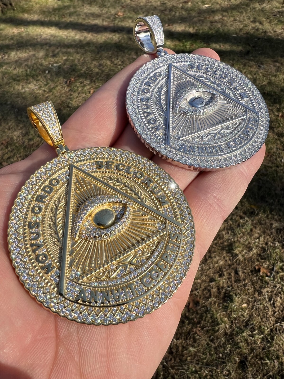 Pre-owned Harlembling Moissanite Huge 3" All Seeing Illuminati Eye Masonic Medallion Necklace Silver