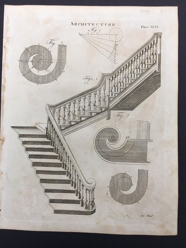 1798 Antique Dobson Print /ARCHITECTURAL DESIGN OF STAIRCASES///b