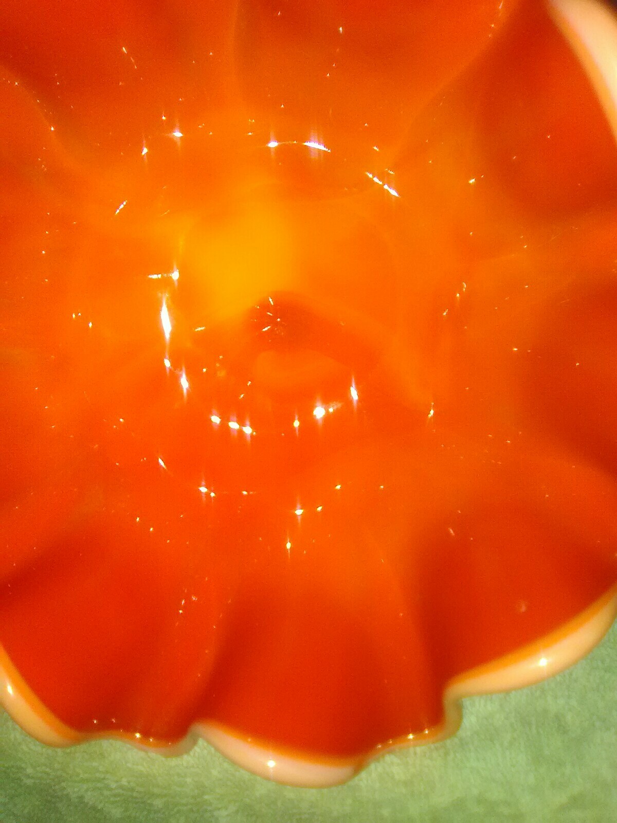 Crimped and Ruffled Art Glass Comport.  Orange and Yellow with White Streaks