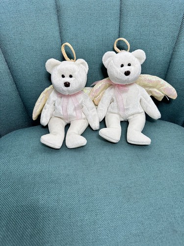 1998 RARE & RETIRED LOT OF 2  TY BEANIE BABY~HALO THE ANGEL WHITE TEDDY BEAR 8"