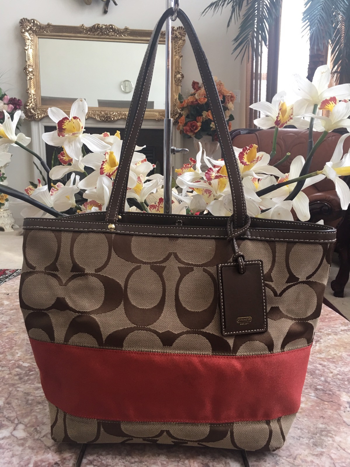 Coach Signature Stripe Classic Khaki Orange Tote Shoulder Handbag