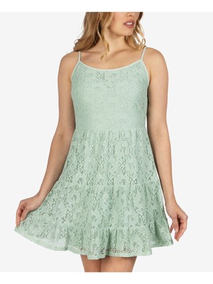 SPEECHLESS Womens Green Lace Ruffled Spaghetti Strap Jewel Neck Short Dress S