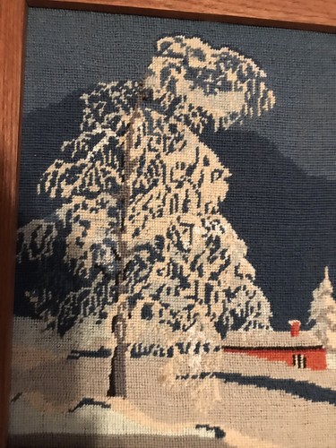 Completed Solid  Wood  Framed Needlepoint Picture Winter Scene Canin  16.5”x 14”