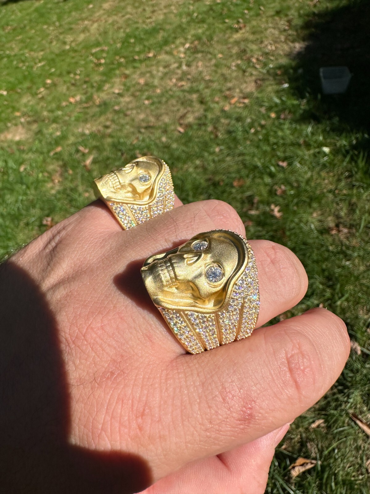 Pre-owned Silver Moissanite Iced Heavy Death Skull Ring Matte Real 14k Gold Over 925  In White